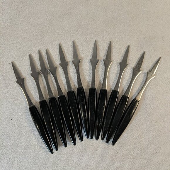 Vintage MCM Cocktail Appetizer Forks 11 Set Stainless Steel Japan Black Plastic - Picture 1 of 6